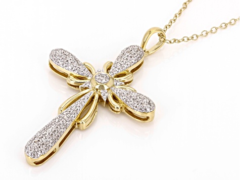 Pre-Owned White Diamond 14k Yellow Gold Over Sterling Silver Cross Pendant With A 20" Cable Chain 0.