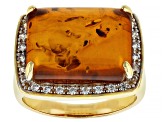 Pre-Owned Amber With White Zircon 18k Yellow Gold Over Sterling Silver Ring 0.24ctw