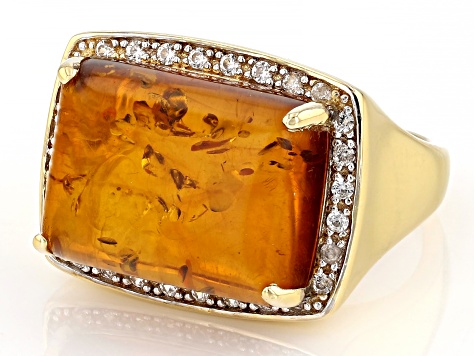 Pre-Owned Amber With White Zircon 18k Yellow Gold Over Sterling Silver Ring 0.24ctw