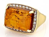 Pre-Owned Amber With White Zircon 18k Yellow Gold Over Sterling Silver Ring 0.24ctw