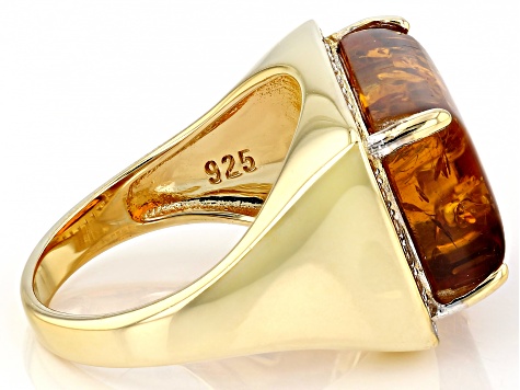 Pre-Owned Amber With White Zircon 18k Yellow Gold Over Sterling Silver Ring 0.24ctw