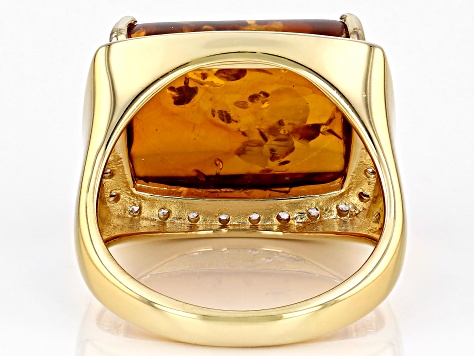 Pre-Owned Amber With White Zircon 18k Yellow Gold Over Sterling Silver Ring 0.24ctw