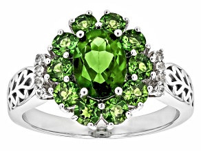 Pre-Owned Chrome Diopside With White Zircon Rhodium Over Sterling Silver Ring