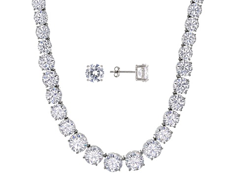 Pre-Owned White Cubic Zirconia Rhodium Over Sterling Silver Tennis Necklace Set 80.95ctw