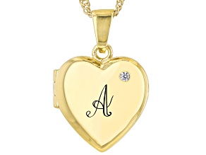 Pre-Owned White Zircon 18k Yellow Gold Over Silver "A" Initial Childrens Heart Locket Pendant With C
