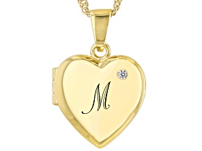 Pre-Owned White Zircon 18k Yellow Gold Over Silver "M" Initial Childrens Heart Locket Pendant With C