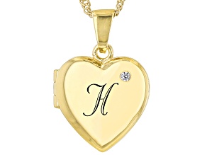 Pre-Owned White Zircon 18k Yellow Gold Over Silver "H" Initial Childrens Heart Locket Pendant With C