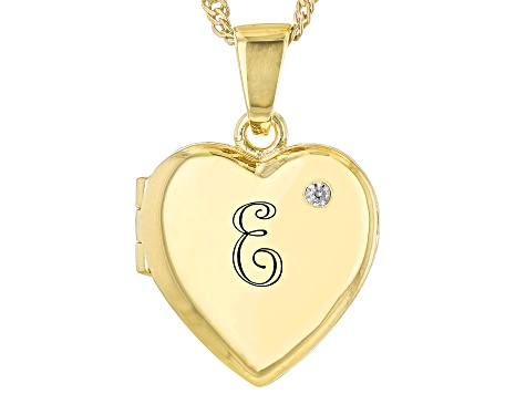 Pre-Owned White Zircon 18k Yellow Gold Over Silver "E" Initial Childrens Heart Locket Pendant With C