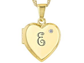 Pre-Owned White Zircon 18k Yellow Gold Over Silver "E" Initial Childrens Heart Locket Pendant With C