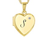 Pre-Owned White Zircon 18k Yellow Gold Over Silver "S" Initial Childrens Heart Locket Pendant With C