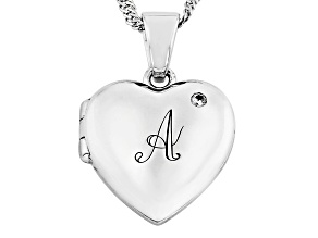 Pre-Owned White Zircon Rhodium Over Silver "A" Initial Children's Heart Locket Pendant With Chain 0.