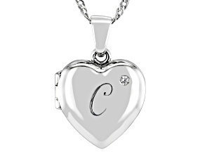 Pre-Owned White Zircon Rhodium Over Silver "C" Initial Children's Heart Locket Pendant With Chain 0.