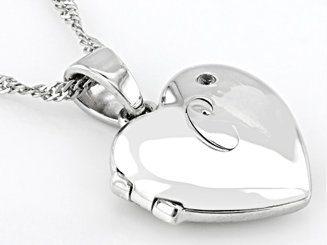 Pre-Owned White Zircon Rhodium Over Silver "C" Initial Children's Heart Locket Pendant With Chain 0.