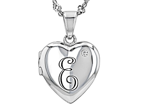 Pre-Owned White Zircon Rhodium Over Silver "E" Initial Children's Heart Locket Pendant With Chain 0.