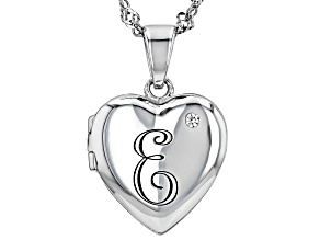 Pre-Owned White Zircon Rhodium Over Silver "E" Initial Children's Heart Locket Pendant With Chain 0.