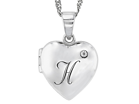 Pre-Owned White Zircon Rhodium Over Silver "H" Initial Children's Heart Locket Pendant With Chain 0.