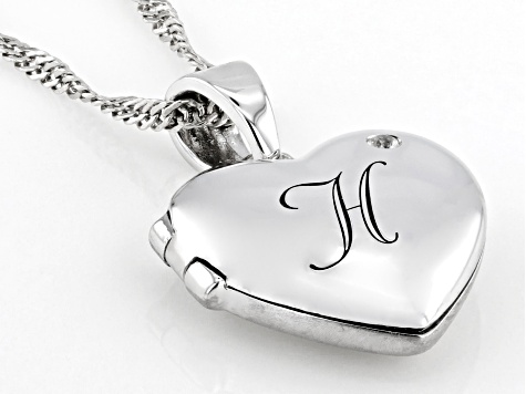 Pre-Owned White Zircon Rhodium Over Silver "H" Initial Children's Heart Locket Pendant With Chain 0.