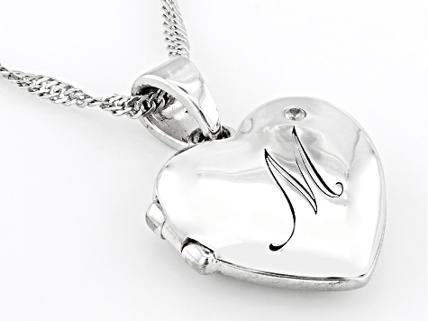 Pre-Owned White Zircon Rhodium Over Silver "M" Initial Children's Heart Locket Pendant With Chain 0.