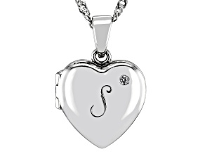 Pre-Owned White Zircon Rhodium Over Silver "S" Initial Children's Heart Locket Pendant With Chain 0.