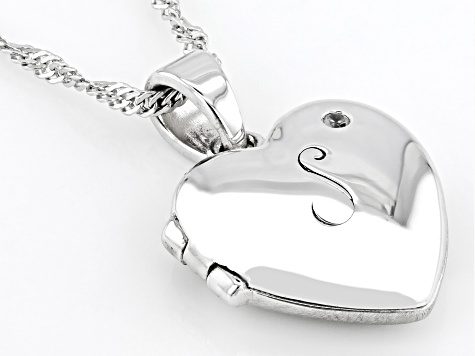 Pre-Owned White Zircon Rhodium Over Silver "S" Initial Children's Heart Locket Pendant With Chain 0.