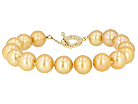 Pre-Owned Golden Cultured Freshwater Pearl & Champagne Diamond 18k Yellow Gold Over Silver Bracelet