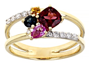 Pre-Owned Rhodolite Garnet, Sapphire And Diamond 14k Yellow Gold Band Ring 1.16ctw