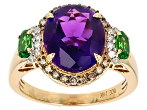 Pre-Owned African Amethyst, Tsavorite, Champagne & White Diamond 14k Yellow Gold Halo Ring 5.44ctw