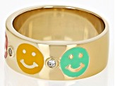 Pre-Owned White Zircon & Multi Color Enamel 18k Yellow Gold Over Sterling Silver Smile Band Ring 0.0