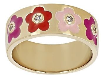 Picture of Pre-Owned White Zircon & Multi Color Enamel 18k Yellow Gold Over Sterling Silver Flower Band Ring 0.