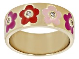 Pre-Owned White Zircon & Multi Color Enamel 18k Yellow Gold Over Sterling Silver Flower Band Ring 0.