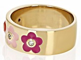 Pre-Owned White Zircon & Multi Color Enamel 18k Yellow Gold Over Sterling Silver Flower Band Ring 0.