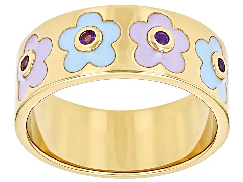 Pre-Owned Purple Amethyst And Multi-Color Enamel 18k Yellow Gold Over Sterling Silver Flower Band Ri