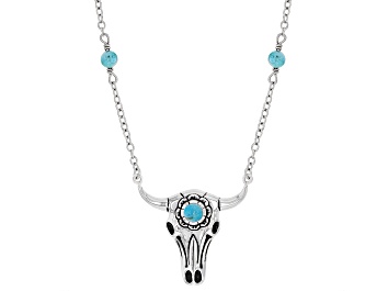 Picture of Pre-Owned Blue Turquoise Rhodium Over Silver Bull Head Station Necklace