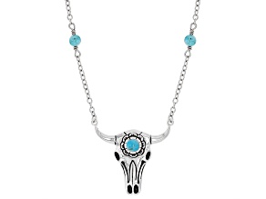 Pre-Owned Blue Turquoise Rhodium Over Silver Bull Head Station Necklace
