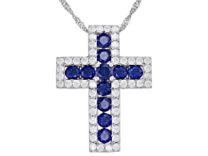 Pre-Owned Blue And White Cubic Zirconia Rhodium Over Silver Cross Pendant With Chain 3.98ctw