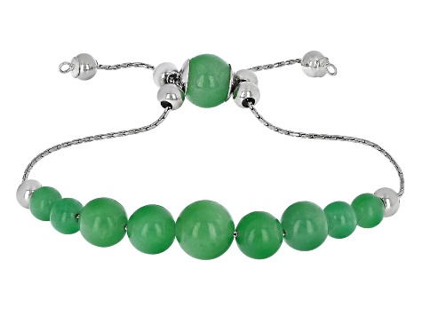 Pre-Owned Green Jadeite Rhodium Over Sterling Silver Bolo Bracelet