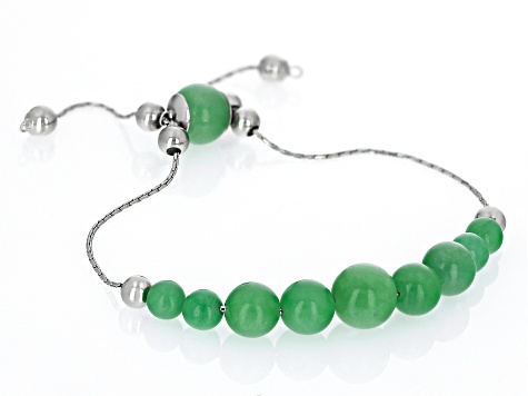 Pre-Owned Green Jadeite Rhodium Over Sterling Silver Bolo Bracelet