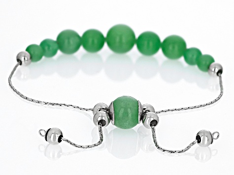 Pre-Owned Green Jadeite Rhodium Over Sterling Silver Bolo Bracelet