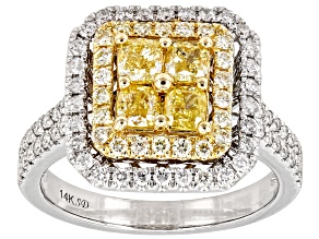 Pre-Owned Natural Yellow Diamond And White Diamond 14k White Gold Halo Ring 1.55ctw