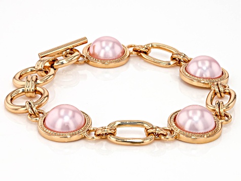 Pre-Owned Pink Imitation Pearl Gold Tone Bracelet