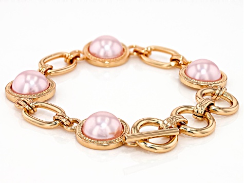 Pre-Owned Pink Imitation Pearl Gold Tone Bracelet