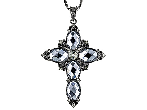 Pre-Owned Black Hematite Glass Cross Pendant With Chain