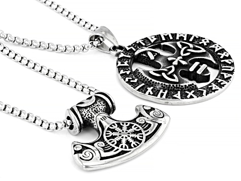 Pre-Owned Stainless Steel Thors Hammer & Celtic Rune Set of Two Pendants W/ Chain