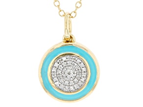 Pre-Owned Diamond Accent And Teal Enamel 14k Yellow Gold Over Sterling Silver Pendant With 20" Cable