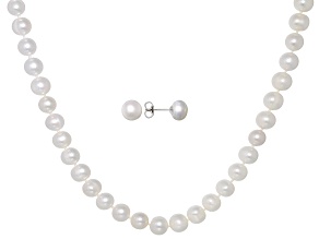 Pre-Owned White Cultured Freshwater Pearl Rhodium Over Sterling Silver Necklace And Earring Set