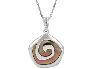 Picture of Pre-Owned Tahitian South Sea Mother-of-Pearl & White Zircon Rhodium Over Sterling Silver Pendant Wit