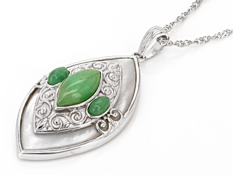 Pre-Owned Green Jadeite With White Mother-Of-Pearl Rhodium Over Sterling Silver Pendant With Chain