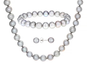 Pre-Owned Platinum Cultured Freshwater Pearl Rhodium Over Silver Necklace, Bracelet, and Earring Set