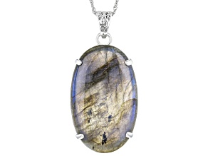 Pre-Owned Gray Labradorite Rhodium Over Sterling Silver Pendant With Chain