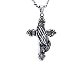 Pre-Owned Stainless Steel "Praying Hands" Cross Pendant With Chain